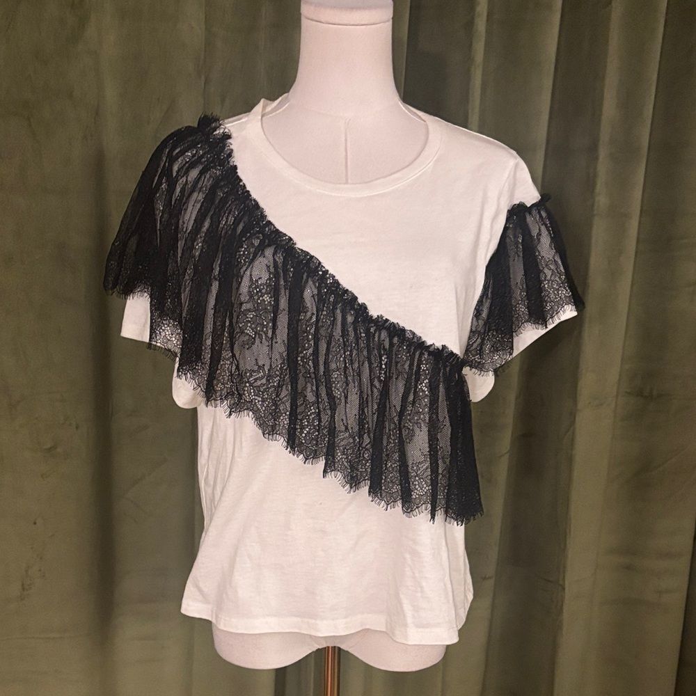 Cinq a Sept White Tee with Black Lace Detail, M